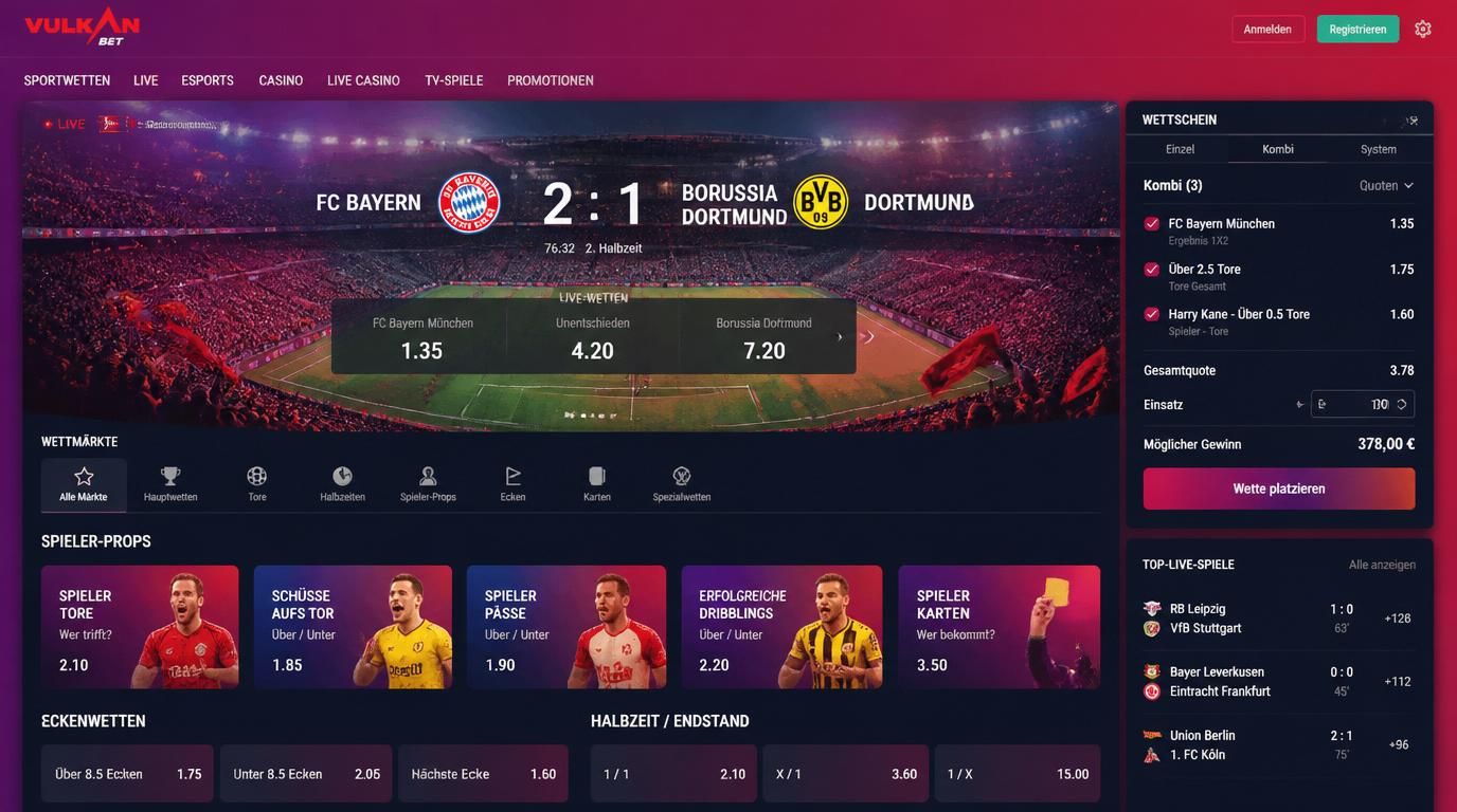 Ein Interface mit Livequoten im Fußball-Wettschein, Kombiwetten und Wettmärkten in Deutsch dargestellt
