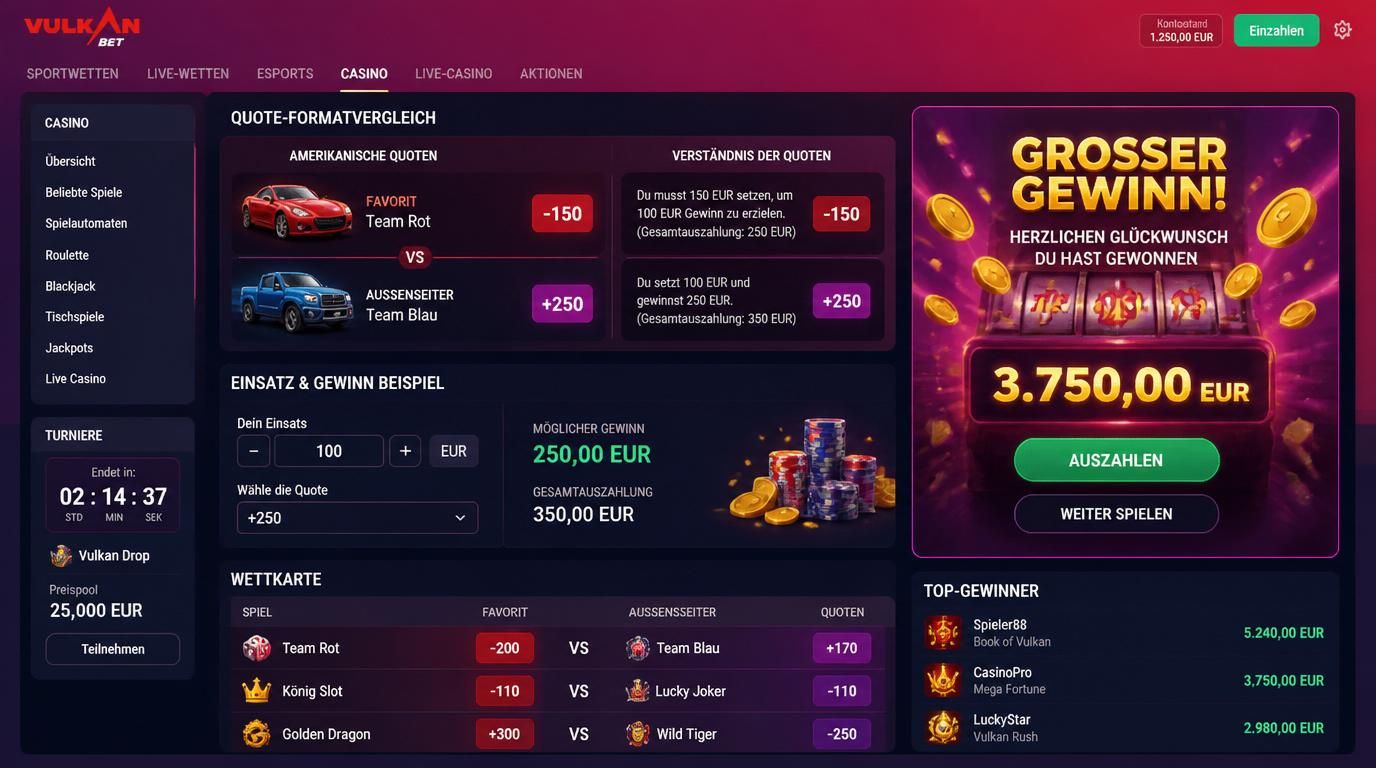 Eine Wettkarte die American Odds wie +250 und −150 zeigt, mit Favorit und Außenseiter in Deutsch