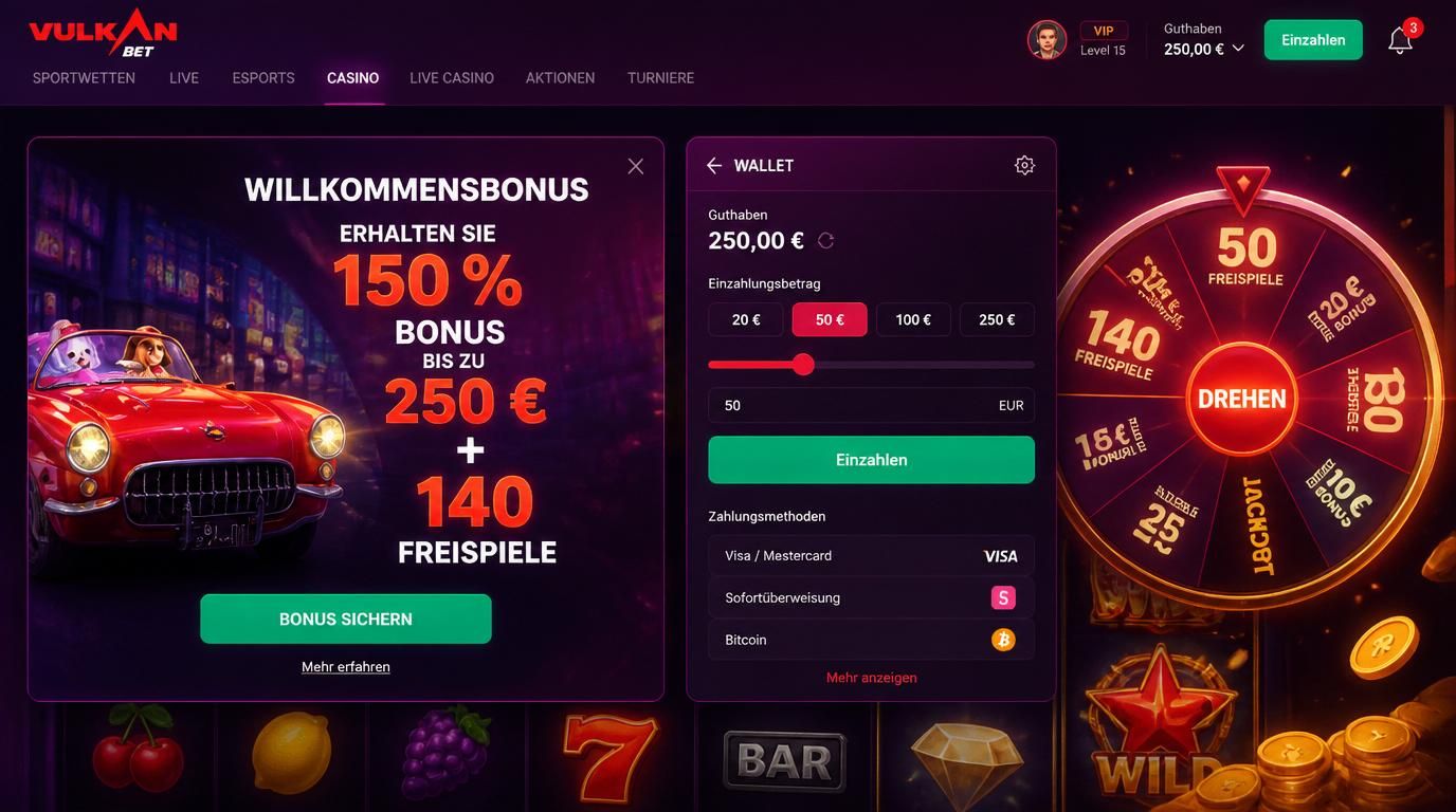 Bild zeigt Willkommensbonus mit Bonusbetrag, Freispiele und Slot-Interface