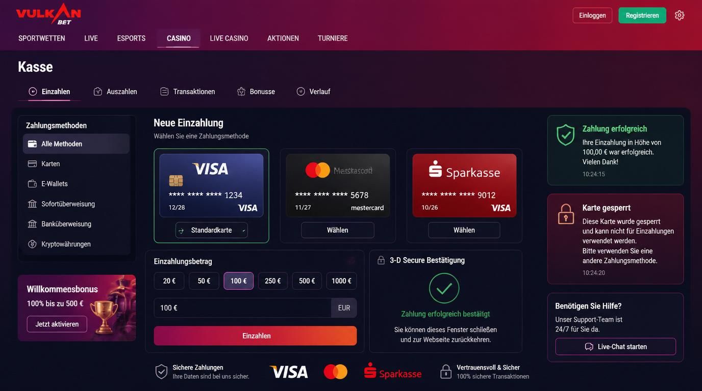 Ein Nutzer versucht, mit Visa/Mastercard einzuzahlen, einerseits Erfolg, andererseits Ablehnung wegen Bankrichtlinien